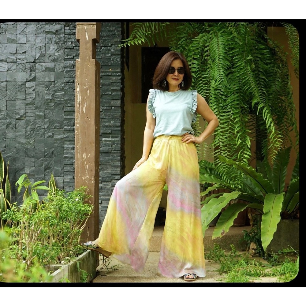Aakaa Womens Yellow Pink Tie Dye Satin Wide Leg Palazzo Pants EA60517H Small